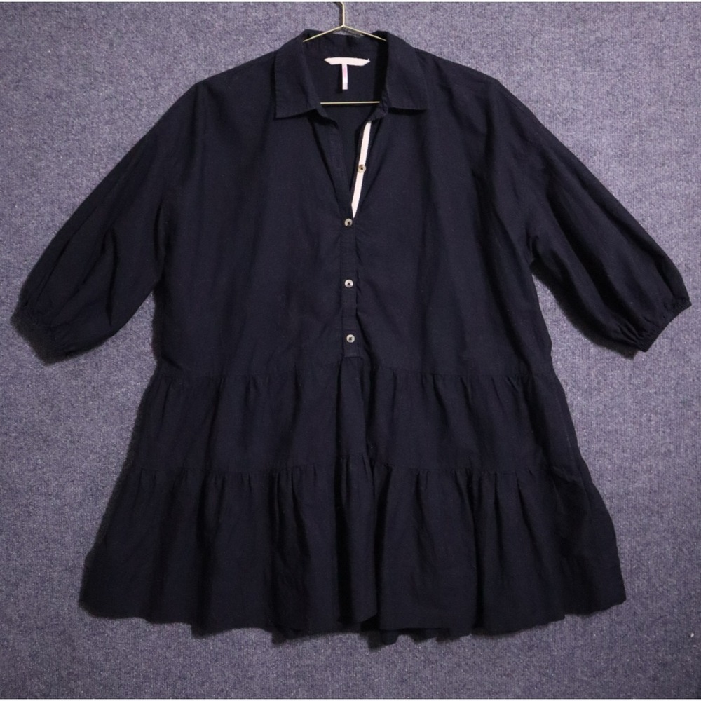 Free People Beach Dress Women Small Black Oversized Button Fronts 3/4 Sleeve EUC